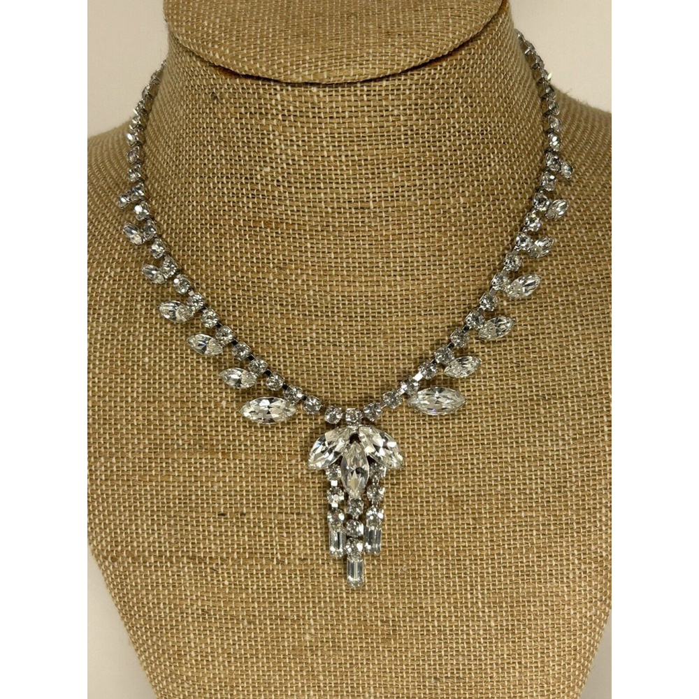 Vintage Clear Rhinestone Y Necklace Silver Tone 15 inches Dance Prom Wedding
